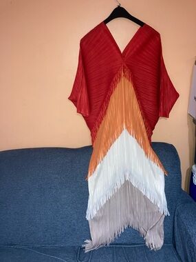 Colorblock Fringe V-Neck tiered tassel Dress in Red, Orange, White, Taupe